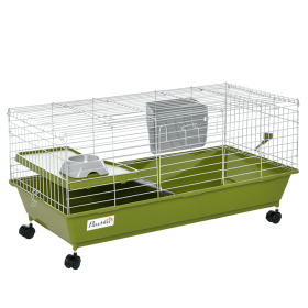 PawHut 35"L Small Animal Cage, Rolling Bunny Cage, Guinea Pig Cage with Food Dish, Water Bottle, Hay Feeder, Platform, Ramp for Chinchilla, Green
